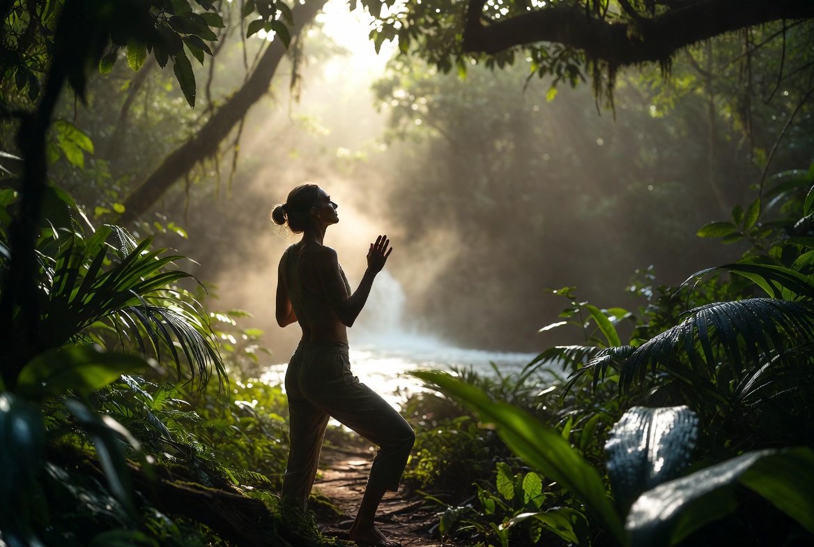 Cena serena na Mata Atlântica ao amanhecer – reconexão com a natureza