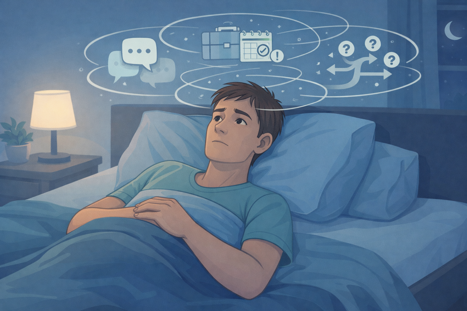 Illustration of overthinking at night
