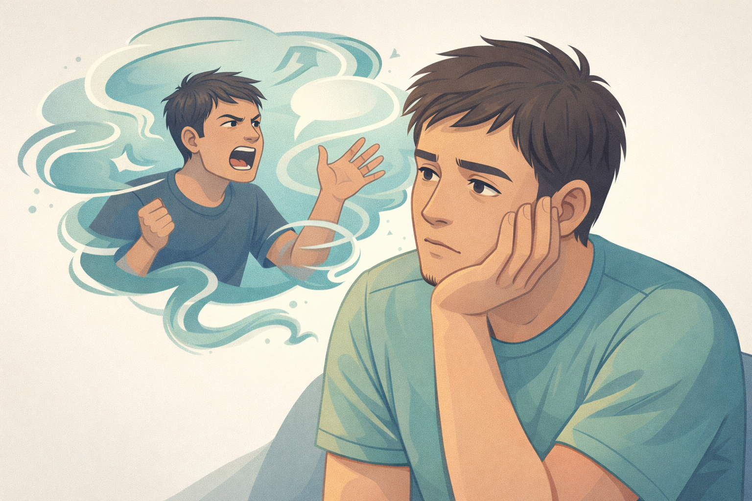 Conceptual illustration showing a person listening to anxious thoughts