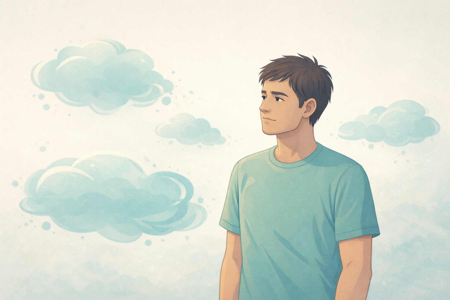 Person calmly observing thoughts passing by