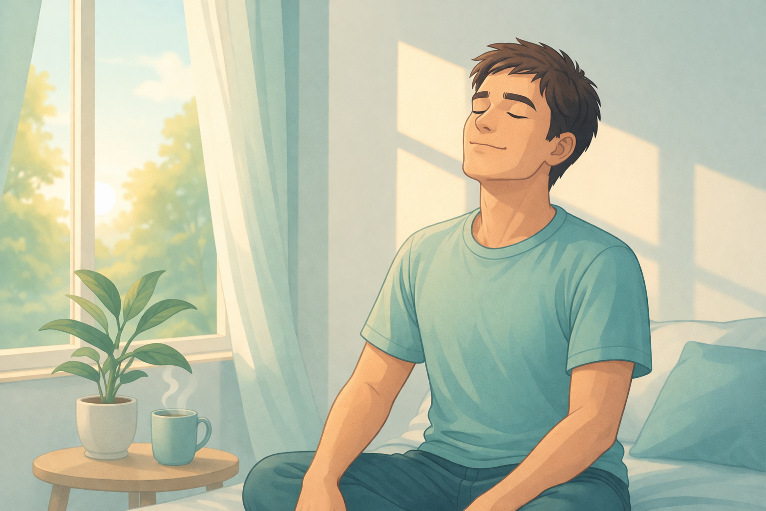 Calm, clear-minded person standing in soft morning light