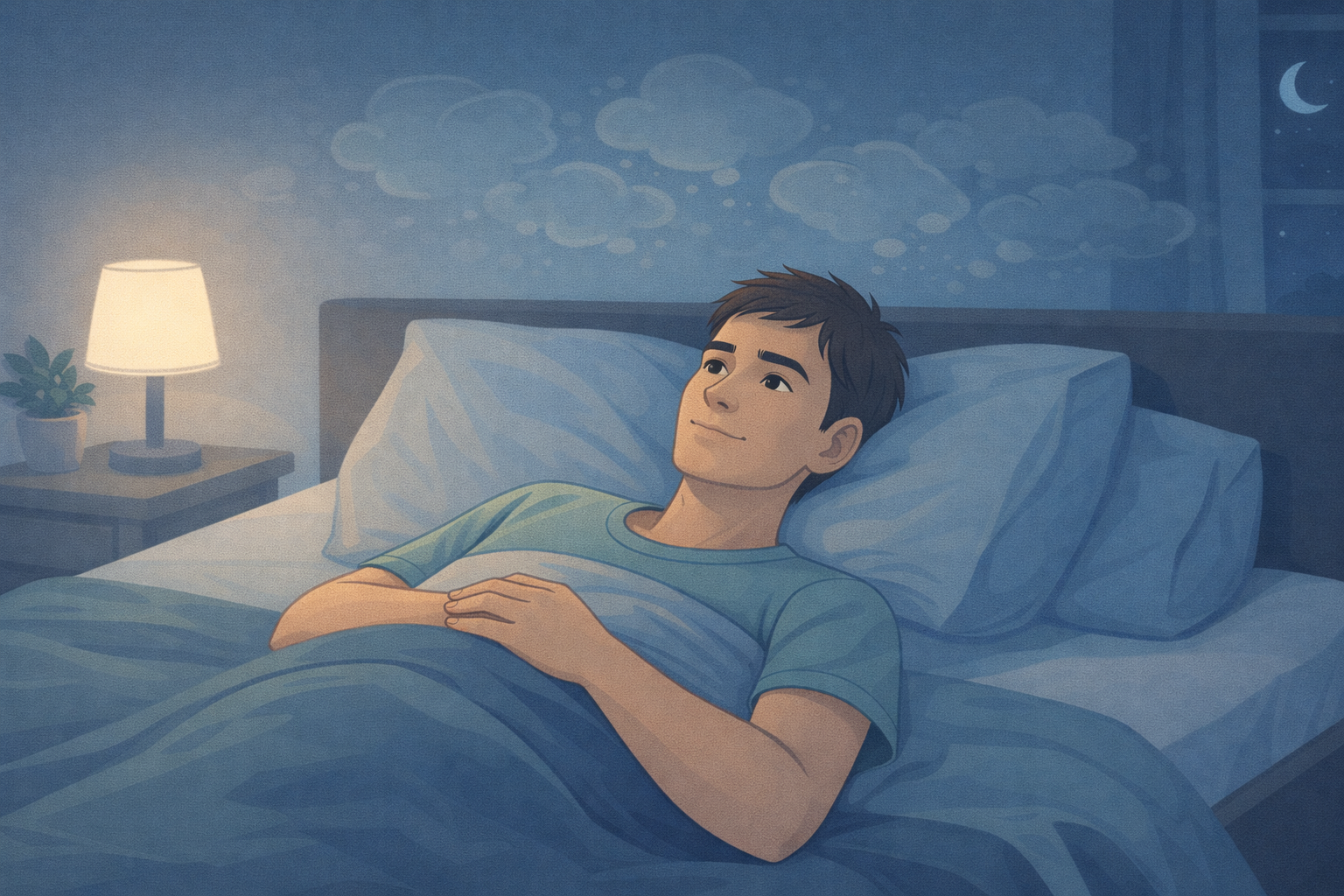 Calm person resting peacefully in bed at night