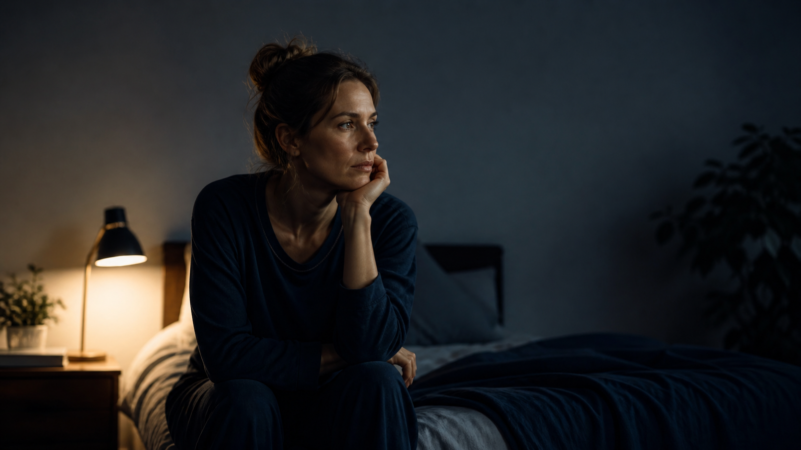 A quiet night scene representing overthinking before sleep